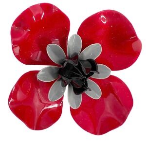 Vintage Red Poppy Flower Enamel Barette 3D Layered Floral Hair Ornament 2.25 in